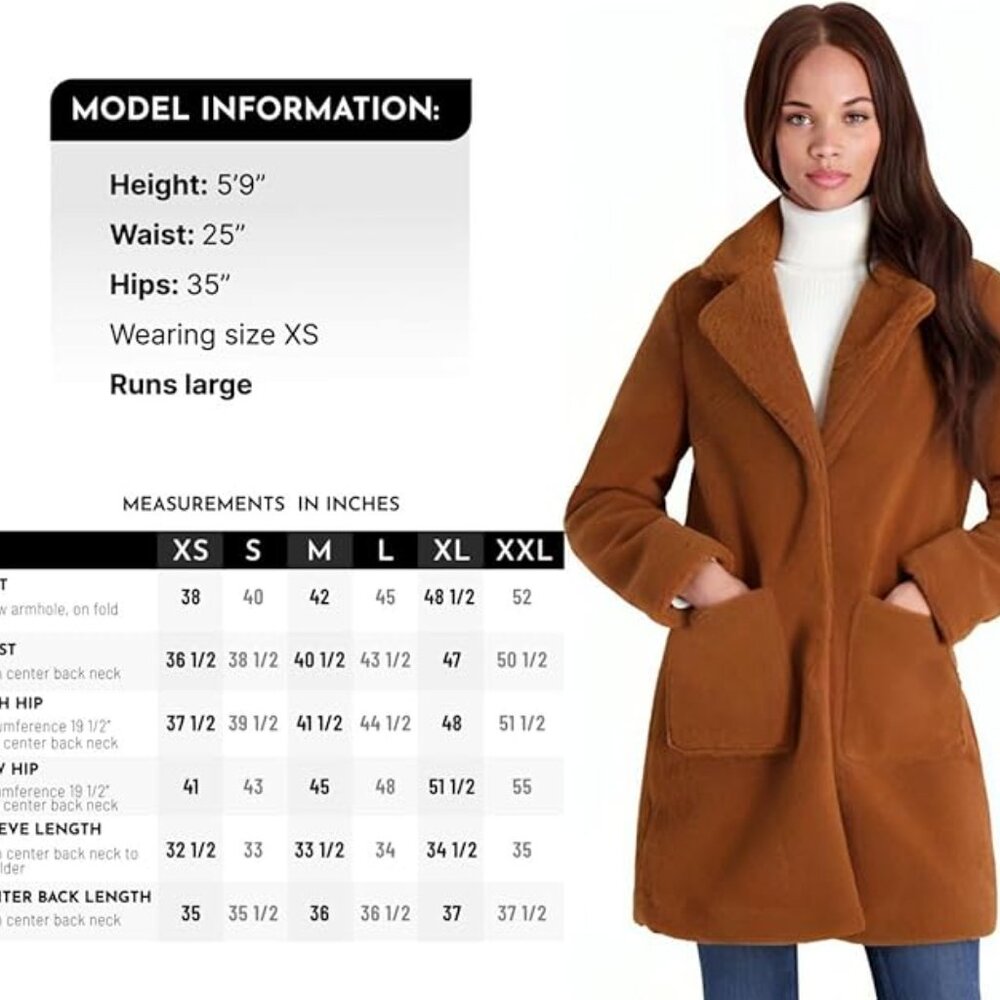French Connection Women's Faux Shearling Teddy Lapel Midi Coat- Cognac- Medium